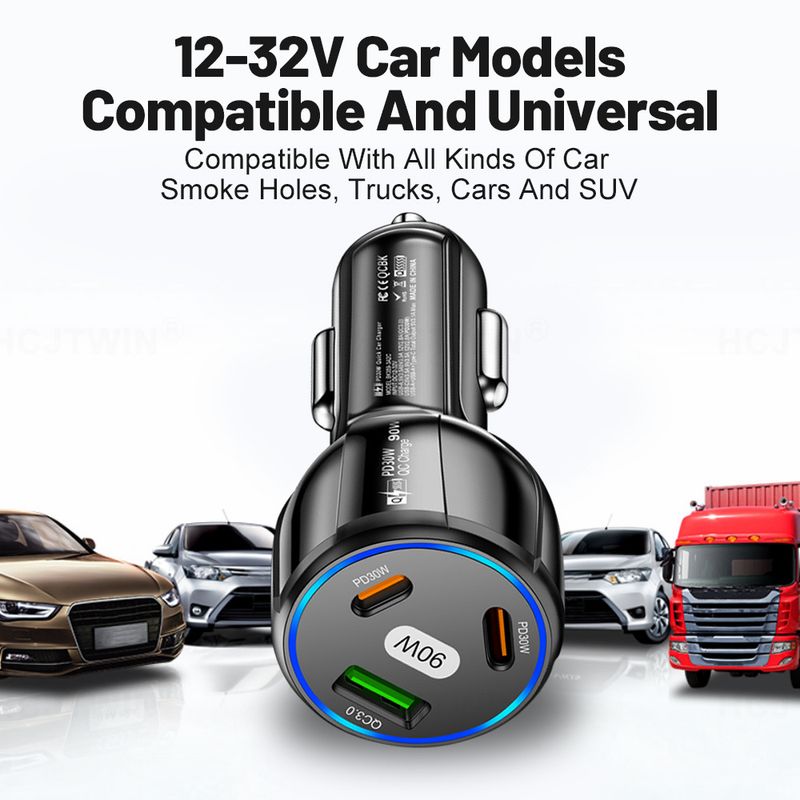Müzik Festivali Üçlü çift hatlı 90W hızlı şarj, bir ila üç 1USB + 2PD araç telefonu şarj cihazı_voghion.com