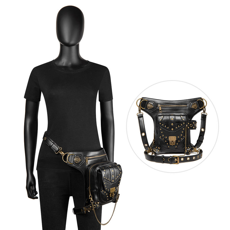 Female steampunk retro rivets car bag ladies single shoulder messenger bag female chain waist bag_voghion.com