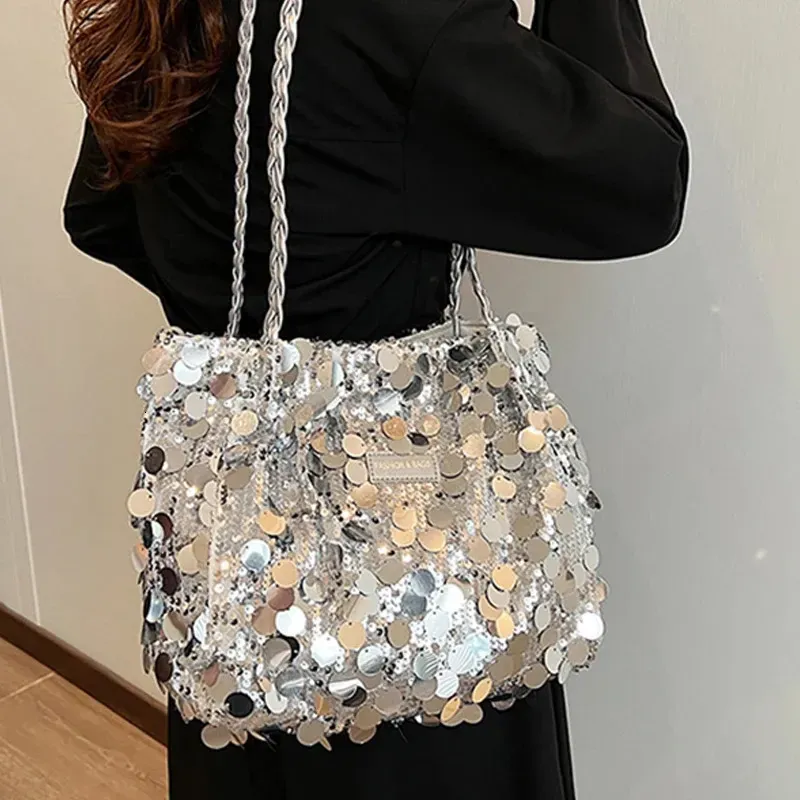 Sparkling Sequin Large Capacity Commuting Tote Bag 2025 Womens Zipper Closure Shoulder Bags Fashion Handbag 250530_voghion.com