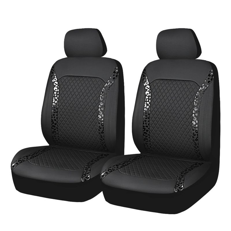 Confezione da 2 coprisedili per auto in pelle nera premium con dettagli leopardati - Vestibilità universale per la protezione dell'auto_voghion.com