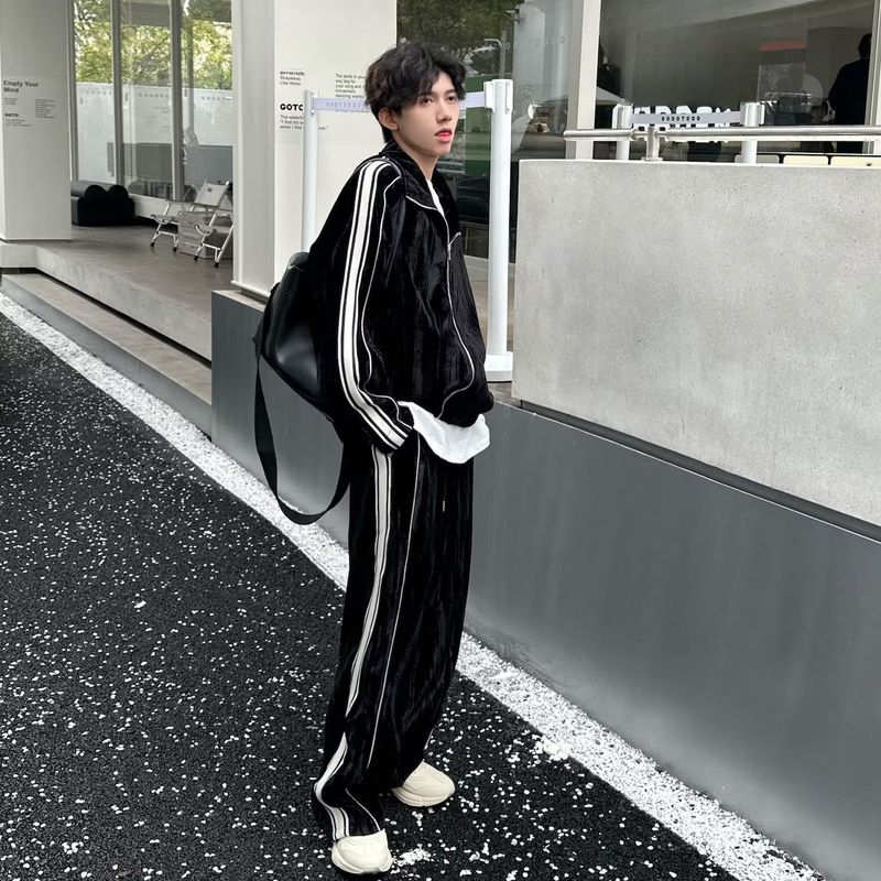 Sports Suit Men's Retro American Heavy Spring And Autumn Sweater Cardigan Jacket Striped Sweatpants Trendy Brand Set Matching_voghion.com