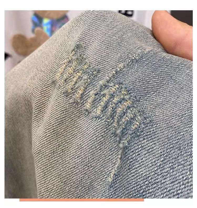Men's Clothing Slightly Loose Harem Nine Point Pants Summer Thin Light Colored Patch Hole Jeans Men's Elastic Slim Straight Pants_voghion.com