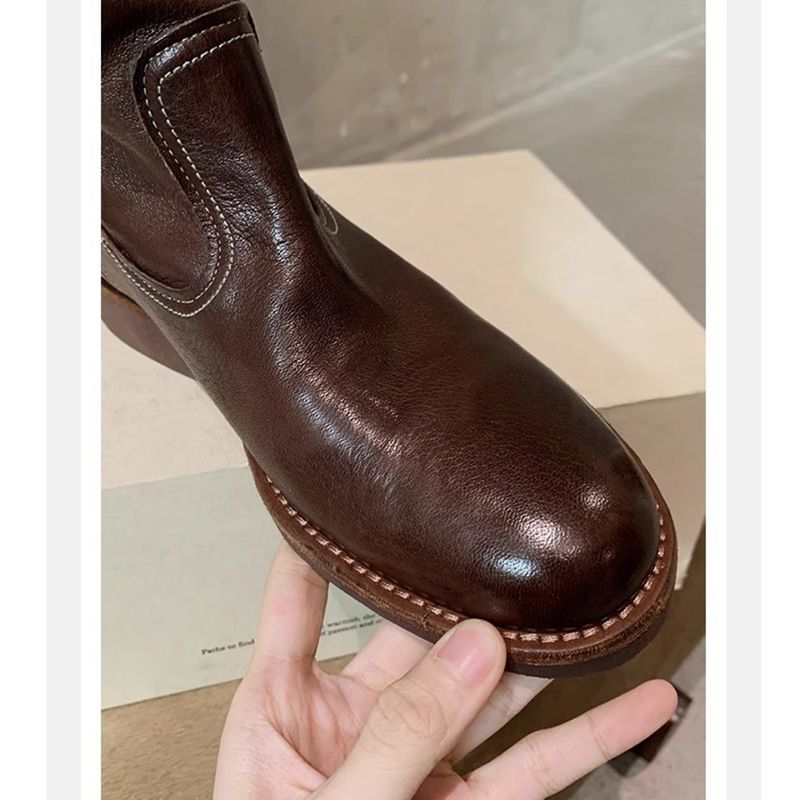 Genuine Leather Round-Toe Chunky Heel 2025 Fall/Winter New Women's Martin Boot_voghion.com