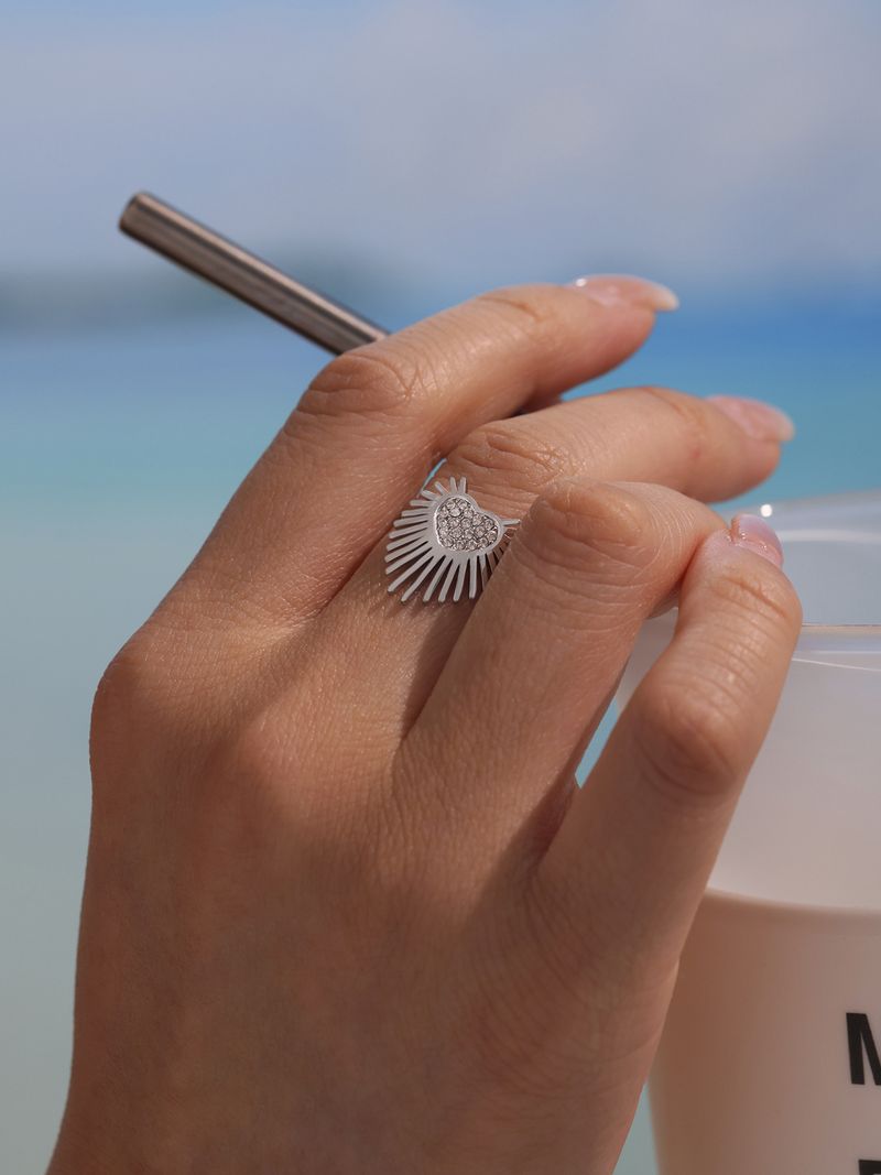 Fang Tang Personality Style Simple Sun Set Diamond Heart Ring Titanium Steel Geometric Pattern Ring For Women_voghion.com