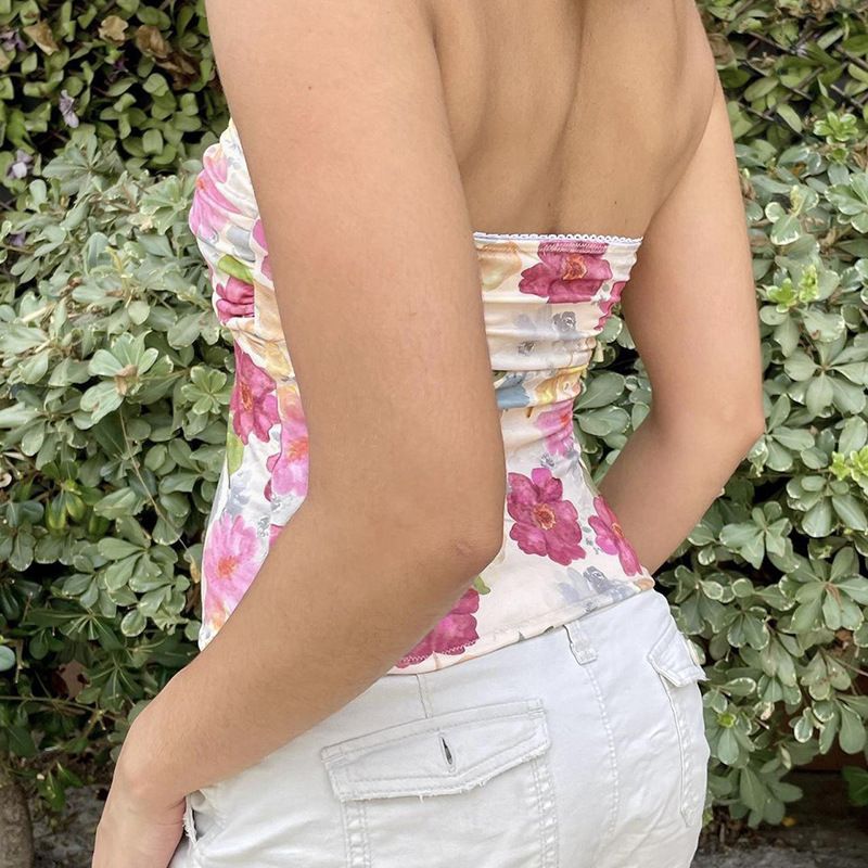 Damenbekleidung für Mädchen, pastoraler Stil, Blumendruck, plissiertes Netz-Tube-Top, süße Mode, sexy Spitze, Taillenform, kurzes Top_voghion.com