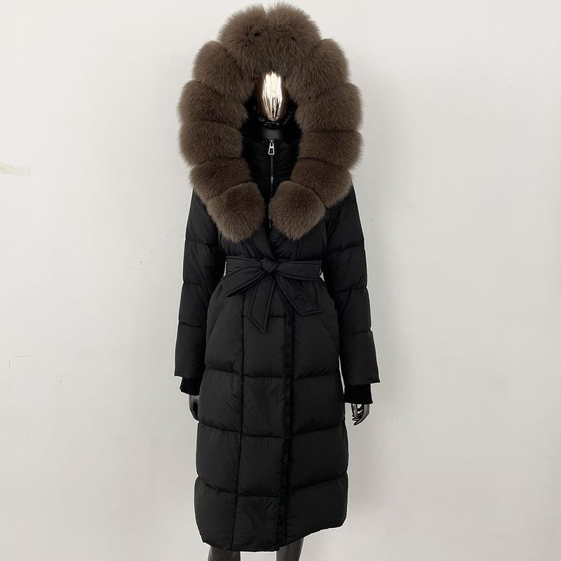 Fox Fur Large Collar Down Jacket With Hood And Long Style For Winter, Slim Waist And Knee Length Thickened Women's Coat_voghion.com