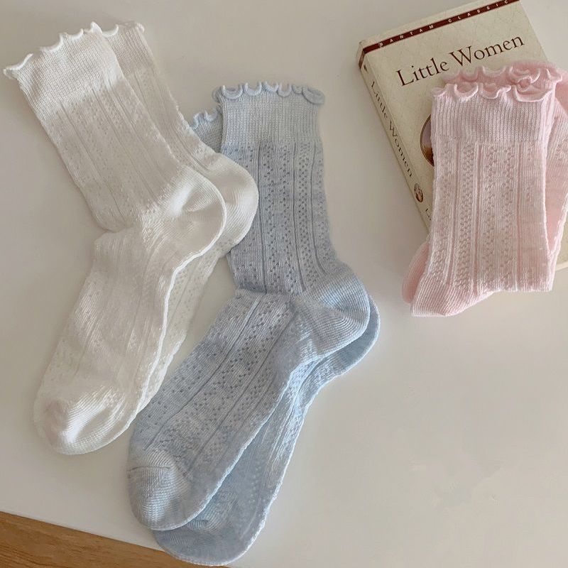 Socks, children's mid length socks, summer thin cut hollow, skin friendly, sweet and cute, solid color mesh pile socks_voghion.com