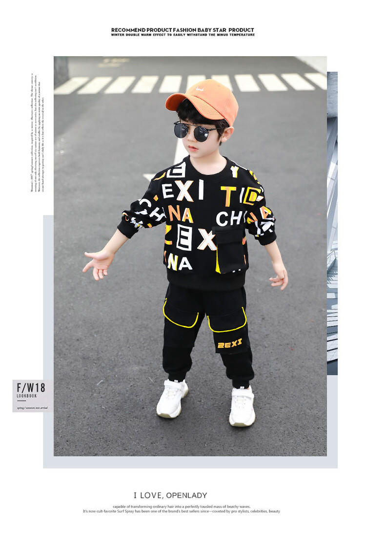 English Letter 2023 Spring and Autumn New Children's Sweater Sports Two Piece Set for Boys_voghion.com