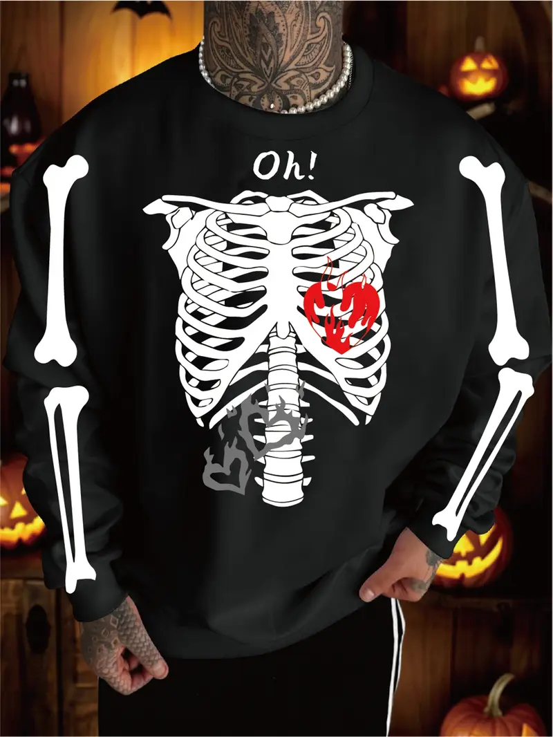Felpa con cappuccio da uomo con stampa di scheletro di Halloween, nera, casual, per attività all'aperto, autunno/inverno, da donna_voghion.com