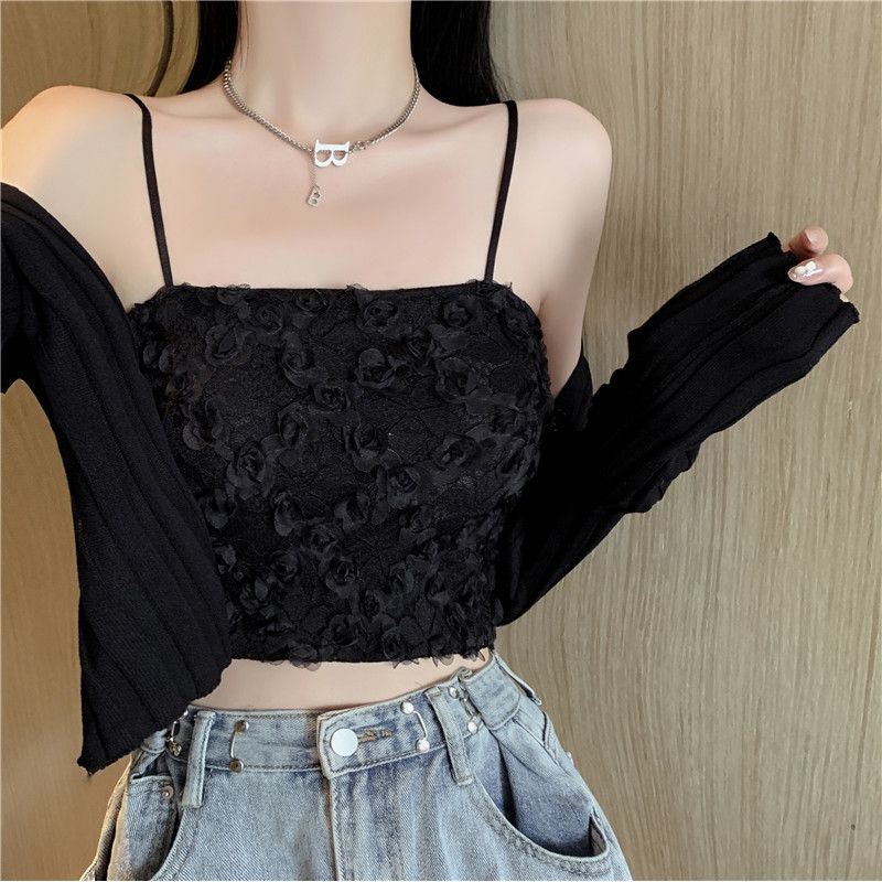 Canotta in pizzo per donna, abbigliamento estivo, dolce e unico, con imbottiture per il petto, splendido reggiseno posteriore integrato, top corto interno._voghion.com