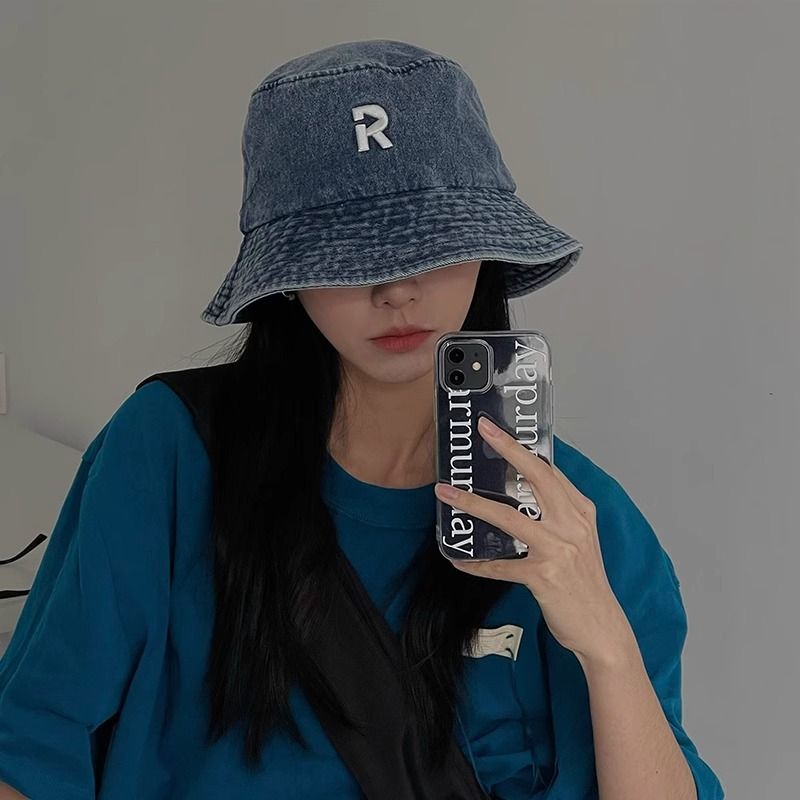Korean version versatile washed denim letter basin hat for women, simple and casual, summer shading, revealing face,_voghion.com