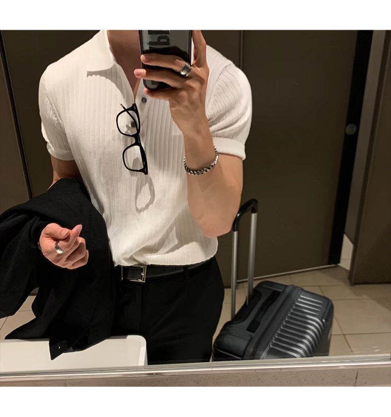 Roupas masculinas de verão, nova versão de camisa polo masculina slim de seda gelada, manga curta, camiseta masculina listrada de malha com lapela, leve e luxuosa britânica_voghion.com