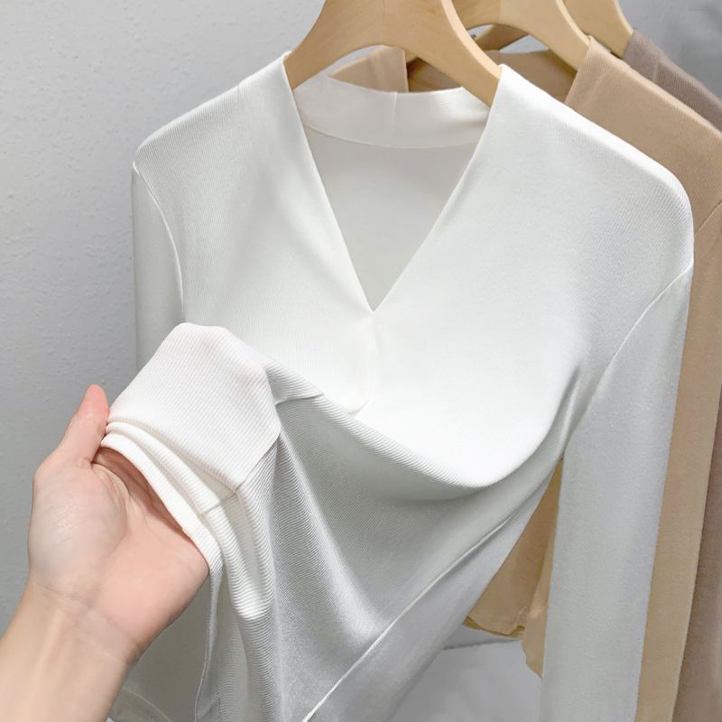 Maglietta da donna a maniche lunghe, a coste, tinta unita, stile europeo, elegante, con scollo a V profondo, modello 2025, con vita stretta_voghion.com