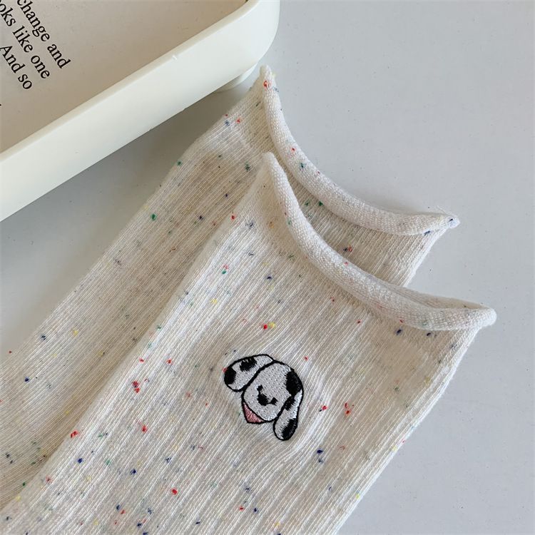 Calzini ricamati con simpatici cuccioli di cartone animato in filato a pois primaverili e autunnali, calzini per bambini di media lunghezza, con bordi arricciati alla moda, calze senza osso_voghion.com