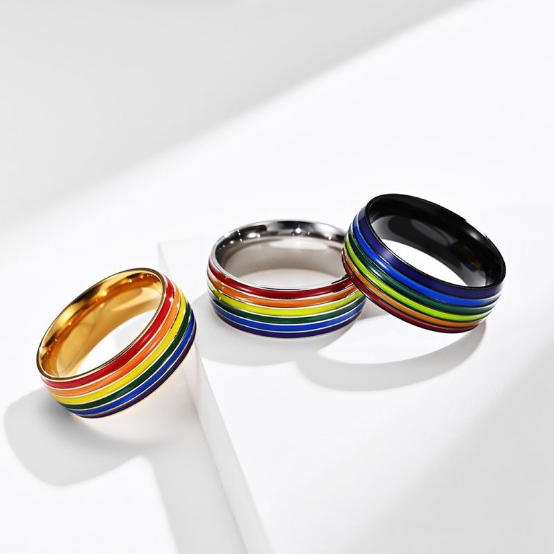 Men's Titanium Steel Rainbow Ring Oil Drop Fashion Personality Simple Polished Couple Rings New Jewelry_voghion.com