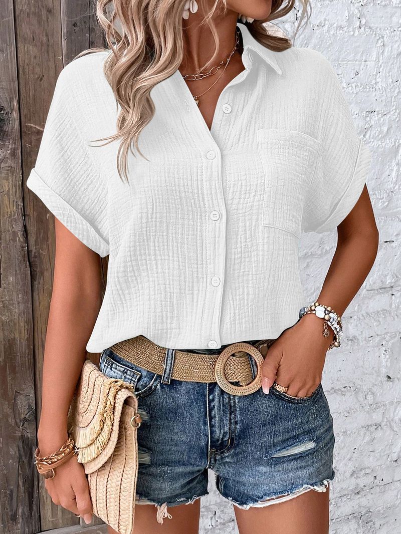 Camicie da donna, tinta unita, casual, con maniche a pipistrello e bottoni_voghion.com