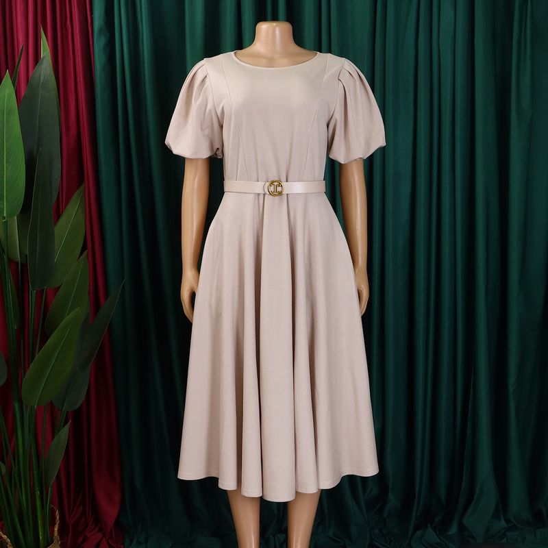 Abito da donna con scollo rotondo, temperamento, elegante, vita ampia, manica a sbuffo, gonna a trapezio_voghion.com