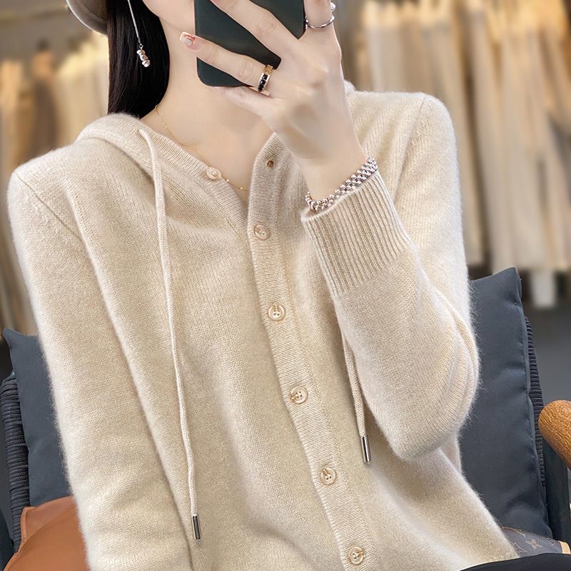 Cardigan lavorato a maglia con cappuccio, nuovo colore solido autunnale per donna, maglione corto e largo, felpa con cappuccio_voghion.com