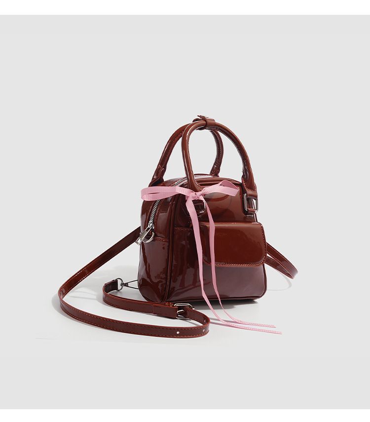 Elegante mini zaino con fiocco in pelle verniciata color cioccolato, borsa a tracolla alla moda e versatile_voghion.com