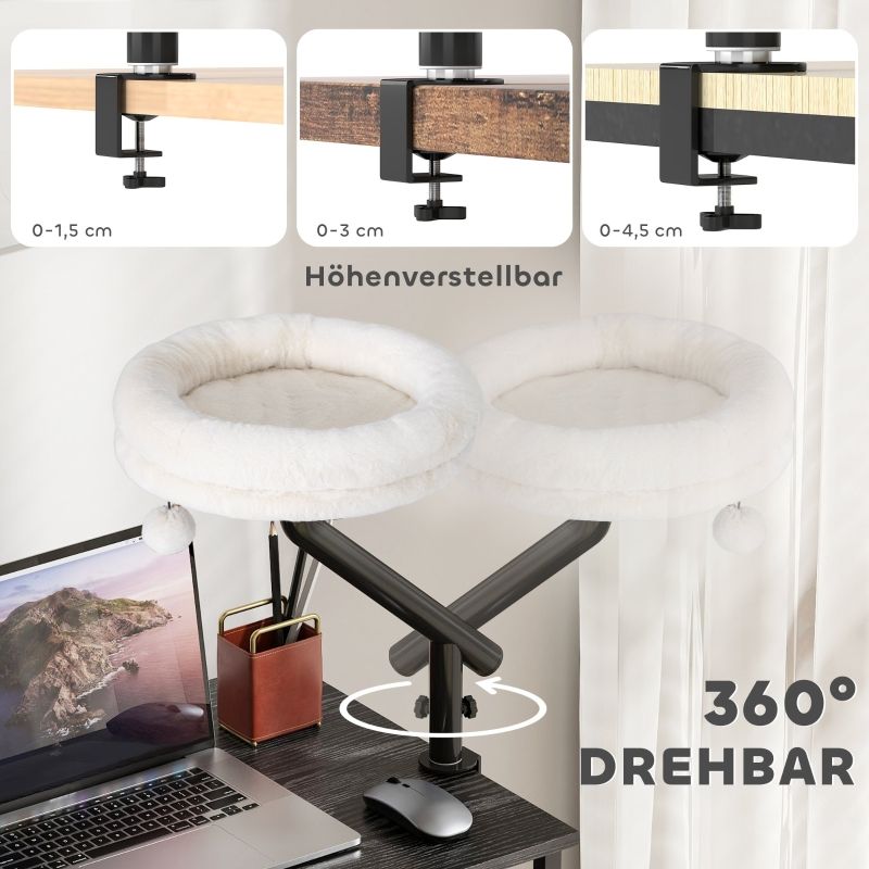 Schreibtisch-Katzenbett Mit 360°-Drehung und Verstellbarer Höhe, Für Katzen Bis 6 Kg, Cremeweiß_voghion.com