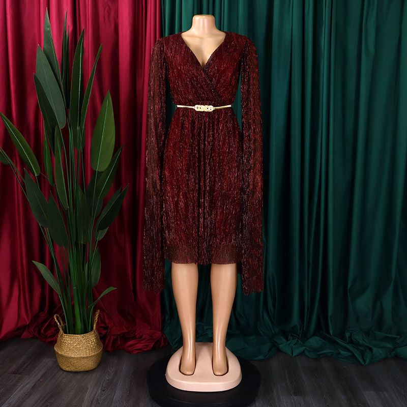 Damenbekleidung Neue V-Ausschnitt Temperament Langarm Cape Taille Kleid Rock_voghion.com