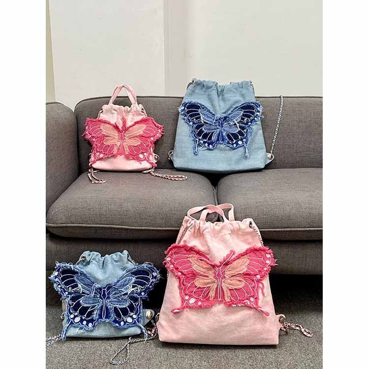 2025 New Butterfly Tassel Chain Backpack With Simple Embroidery And Contrasting Wandering Denim Tote Bag_voghion.com
