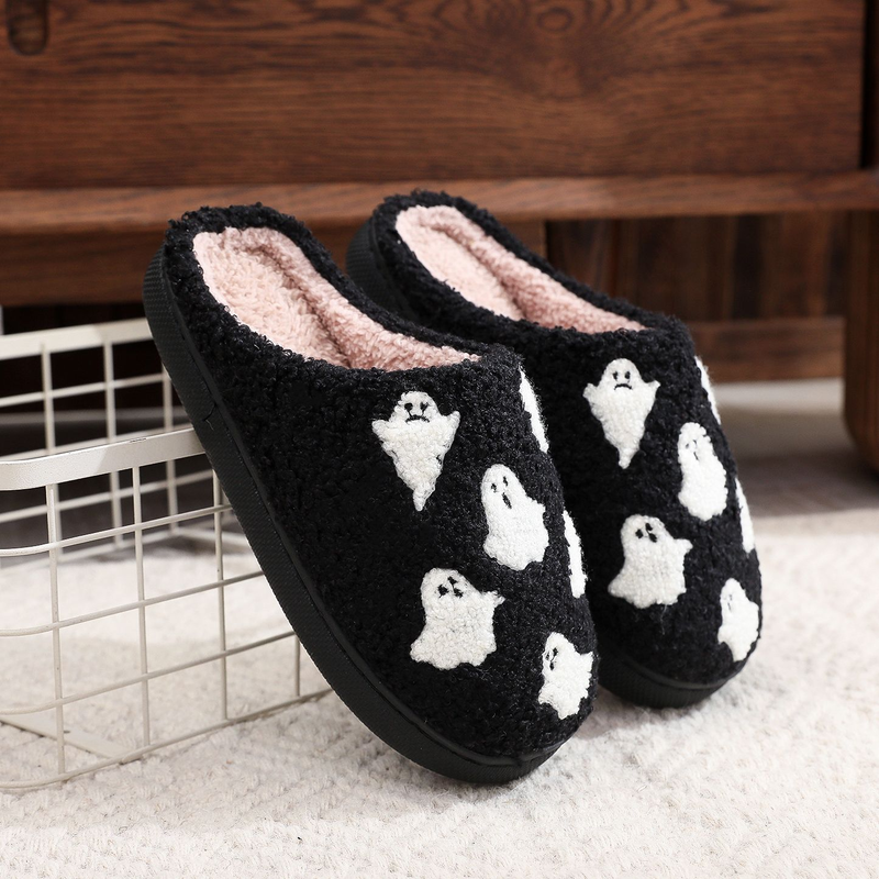 Novità di Halloween per uomo e donna, pantofole invernali in cotone con teschio e faccina sorridente, scarpe taglie forti_voghion.com