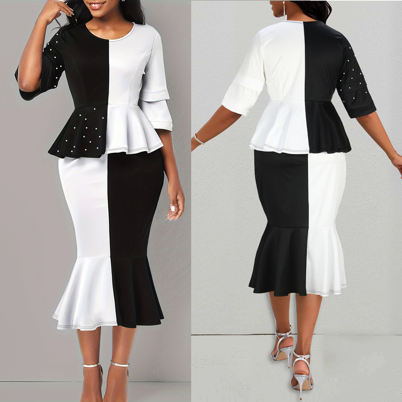black and white contrasting color stitching beaded top fishtail skirt plus size suit_voghion.com
