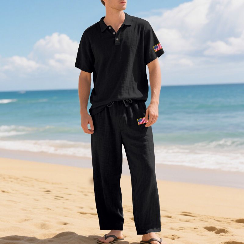 Summer Loose Men's Beach Linen Breathable Casual Large Size Lapel Independence Day Trousers Suit_voghion.com