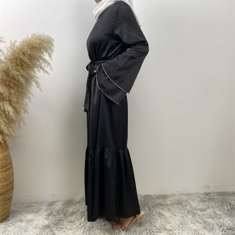 Yeni Saten Müslüman Kadın Elbisesi Çift Çan Kollu Abaya Lüks Dubai Elmas Uzun Elbise Etek Ucu Eklemeli Kaftan Faslı Kadın Zarif_voghion.com