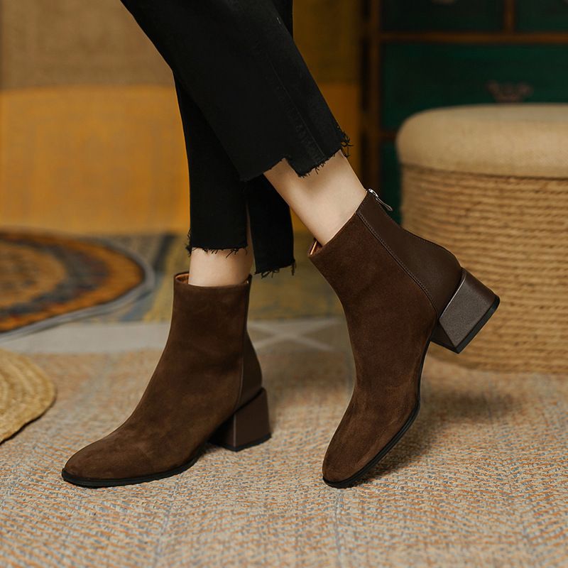 New Autumn Winter Wo's Square Toe Simple Patchwork Brown Chunky Martin Suede Mid Heel Back Zipper Short Boots For_voghion.com