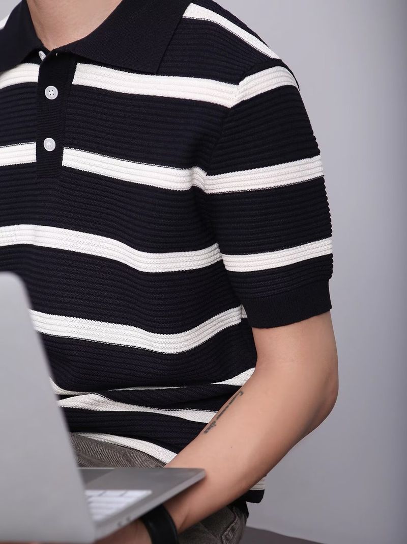 Maglietta a maniche corte in maglia a righe da uomo, casual da lavoro, in seta ghiacciata con risvolto, a mezza manica_voghion.com