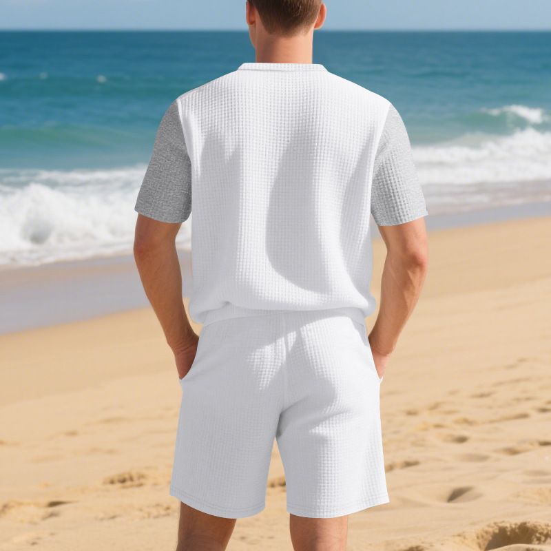 Summer Plus Size American Style Loose Waffle Beach Henley Shirt Short Sleeve Shorts Casual Set For Men_voghion.com