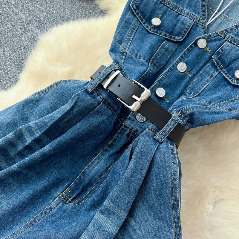 Lightly Mature Retro Fashion V Neck Sleeveless Jumpsuit For Women 2025 Summer High Grade Strappy Waisted Denim Wide Leg Pants_voghion.com