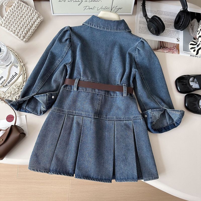 Kid's Clothing New Style Little Girl Fashion Denim Dress Long Sleeve Spring And Autumn Lapel Waist Denim Skirt Trend_voghion.com