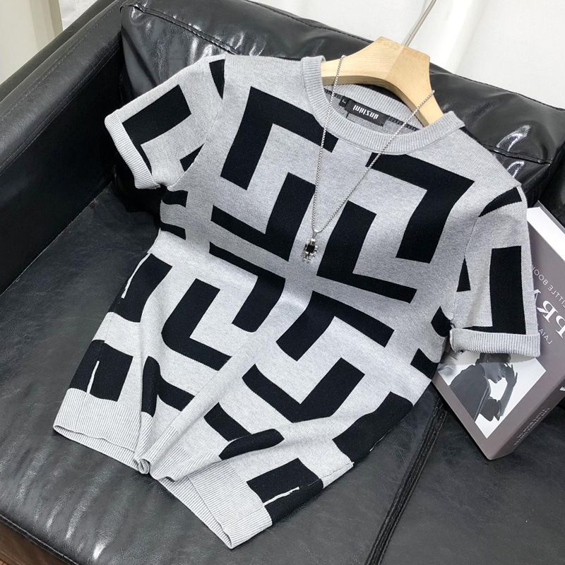 Maglietta estiva da uomo a maniche corte con motivo geometrico primaverile e autunnale, vestibilità slim, casual e alla moda._voghion.com
