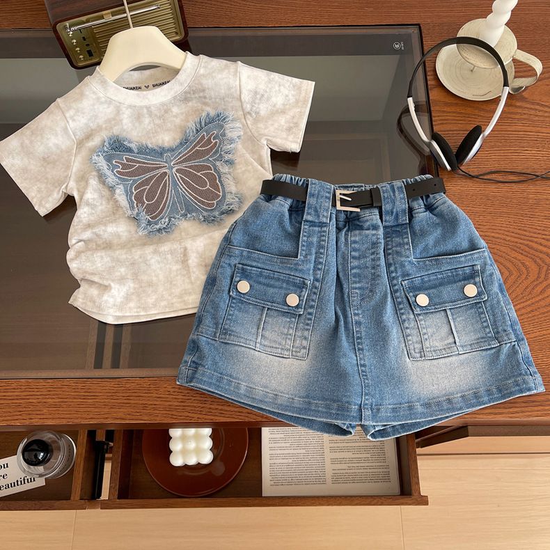 Dreidimensionaler Bogen Mädchen Kurzarm T-Shirt Anzug Neue Casual Sommer Kinder Denim Shorts Zweiteiler Anzug_voghion.com