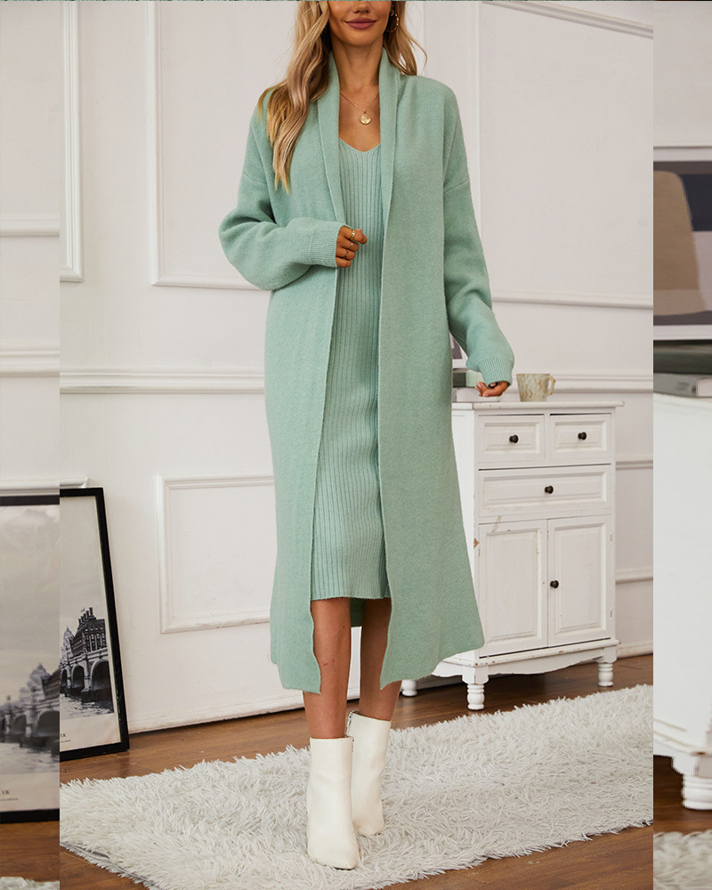 Damenbekleidung, gestrickter Anzug, elegantes Weste-Kleid für Damen + lange Strickjacke, heiß_voghion.com