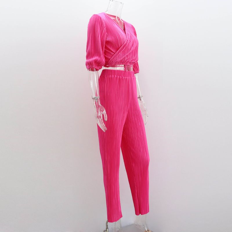 Costume pantalon droit décontracté pour femmes, nouveau Style, couleur unie plissée, manches courtes, cravate, col en v, haut pantalon, costume deux pièces_voghion.com