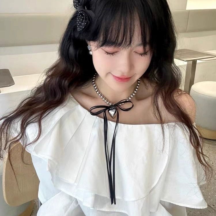 Koreaanse Dongdaemun zoete coole hart hanger lint strik kralen ketting pure verlangen stijl choker sleutelbeen ketting voor_voghion.com