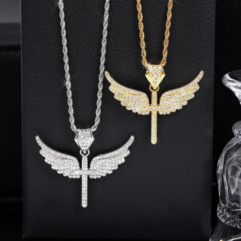 Collana con croce ad ala, in lega di diamanti con strass, catena in acciaio al titanio e personalità alla moda_voghion.com