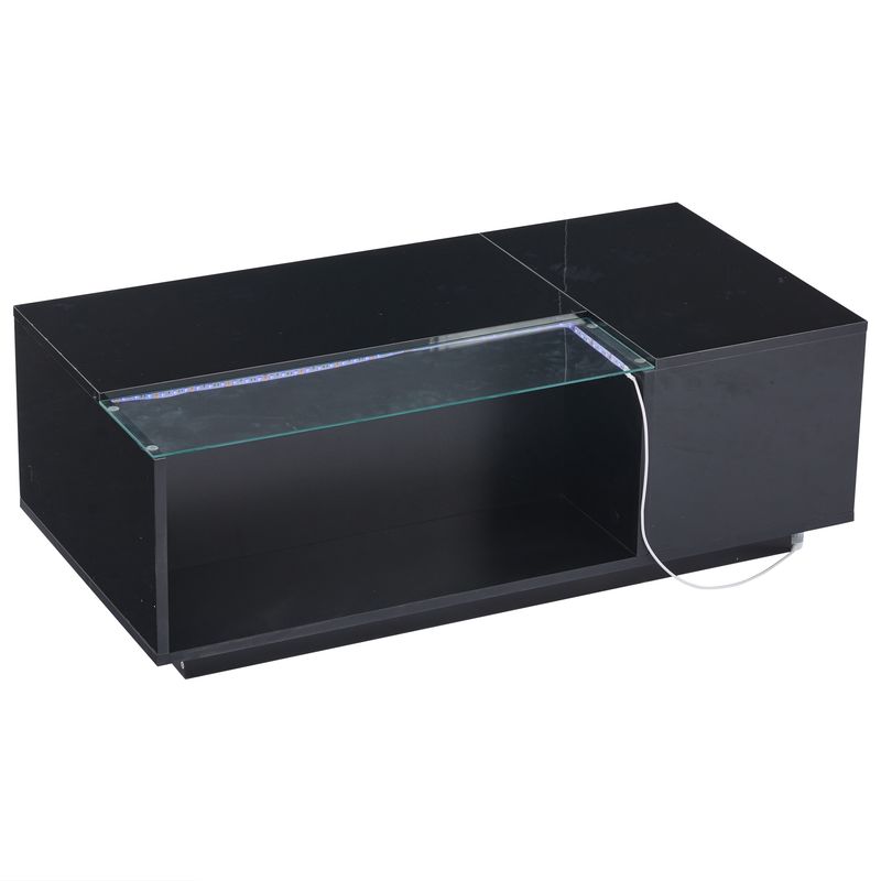 Table basse LED 100 x 50 x 35 cm avec rangement, table de salon en verre noir brillant avec 2 tiroirs, table d'appoint de canapé moderne_voghion.com
