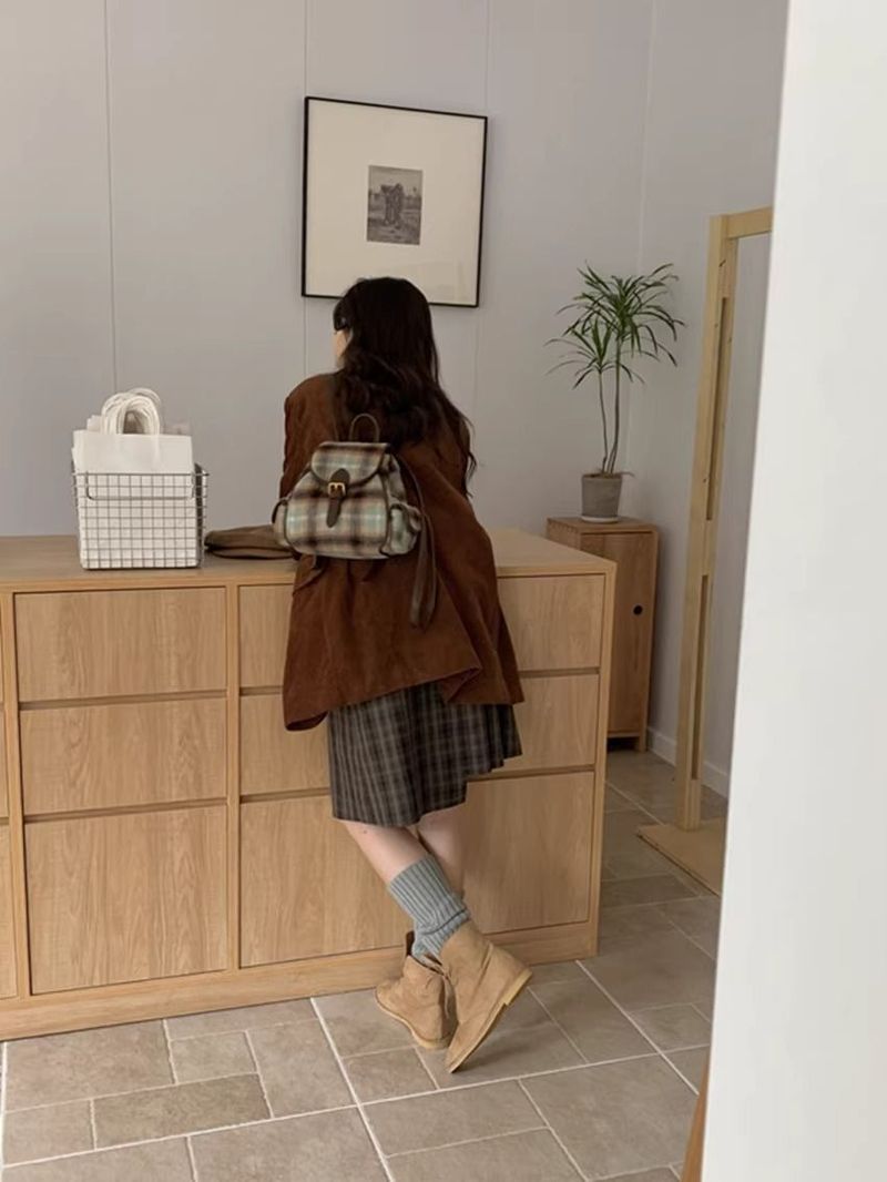 Vintage Woolen Velvet Whi Checkered Autumn Winr College Style Student Backpack For Women Commuting Simple British_voghion.com