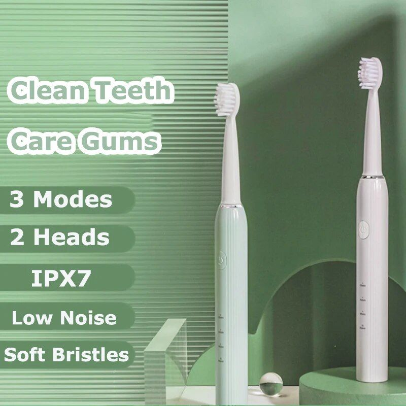 Escova de dentes elétrica USB Sonic com cerdas macias e temporizador inteligente, 3 engrenagens, conjunto de cabeça de escova de substituição para limpeza oral e clareamento_voghion.com