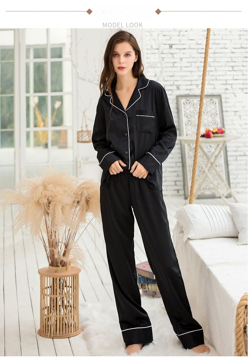 Thin Ice Silk Pajamas For Women, Spring And Autumn Style, Plus Size, Black Long Sleeve, Sexy Casual Two-Piece_voghion.com