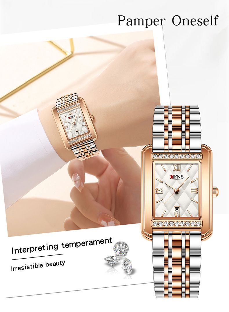 Elegante orologio quadrato da donna: numeri romani e dettagli in cristallo, cinturino in acciaio inossidabile, datario, orologio resistente all'acqua_voghion.com