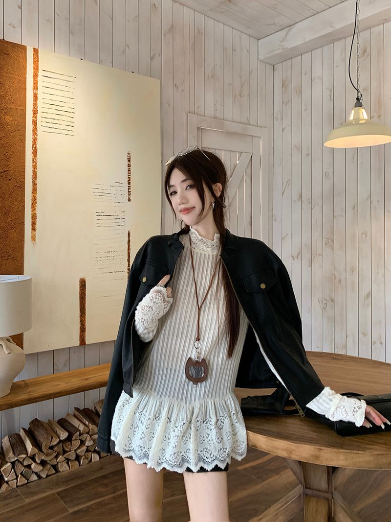 Top mit einzigartigem Design, Langarm-Pullover-T-Shirt mit Spitzenbesatz für Damen, Herbstnische, markantes Unterhemd mit innerer Schicht_voghion.com