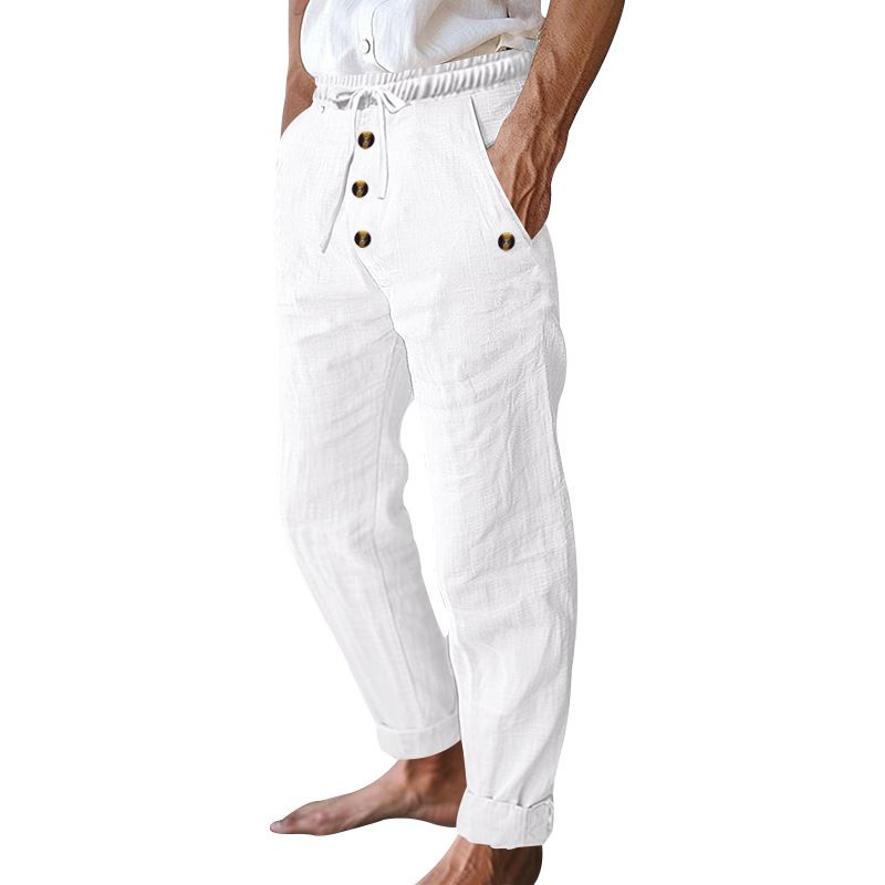 Spring And Autumn American Beach Solid Color Cotton Linen Loose Drawstring Button Casual Pants For Men_voghion.com