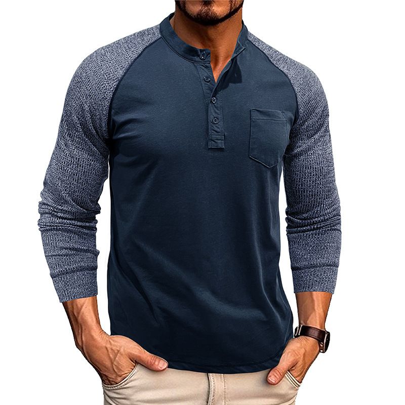 Unschlagbare Qualität Herren Rundhalsausschnitt Gerippte Patchwork-Ärmel Mit Raglan Henley Basis, Langärmliges Herren T-Shirt Top, Robustes Baumwollhemd_voghion.com
