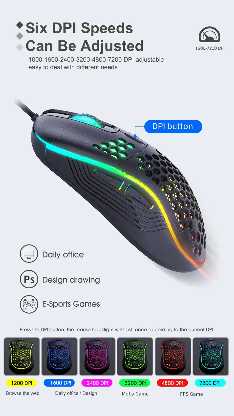 Kablet gaming Mekanisk USB lysende lysmus 7200DPI Justerbar optisk Gar-mus for PC-datamaskin_voghion.com